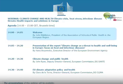 Webinar: Climate crisis, heat stress, infectious disease threats: health impacts and solutions. Launch of the EEA report on Climate & Health. November 2022.